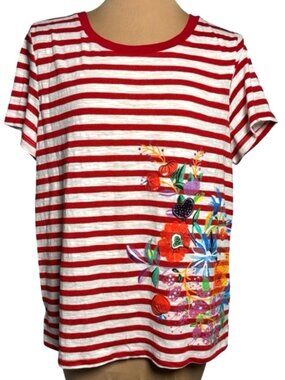 Anthropologie Red White Striped Graphic Tee Floral Print Short Sleeve Top Size M